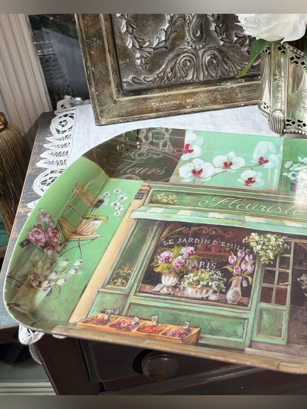 Vintage Green melamine Parisan floral serving tray